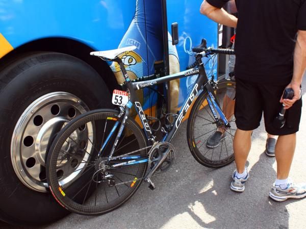 Tyler Farrar's Felt F1 Team is set beside the team bus for now.