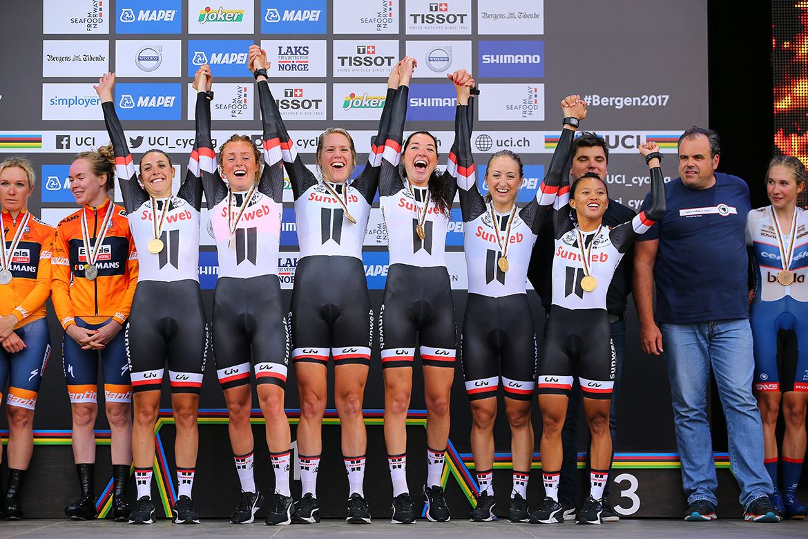 Celebrations on the podium for the Sunweb riders