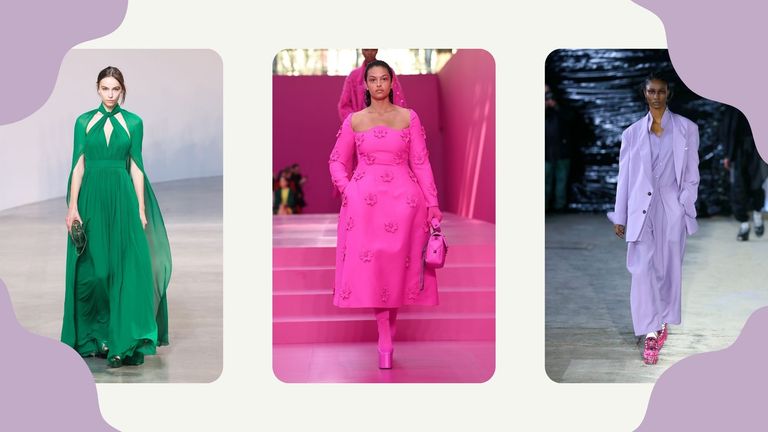 Models in fashion color trends 2022: green, pink and purple