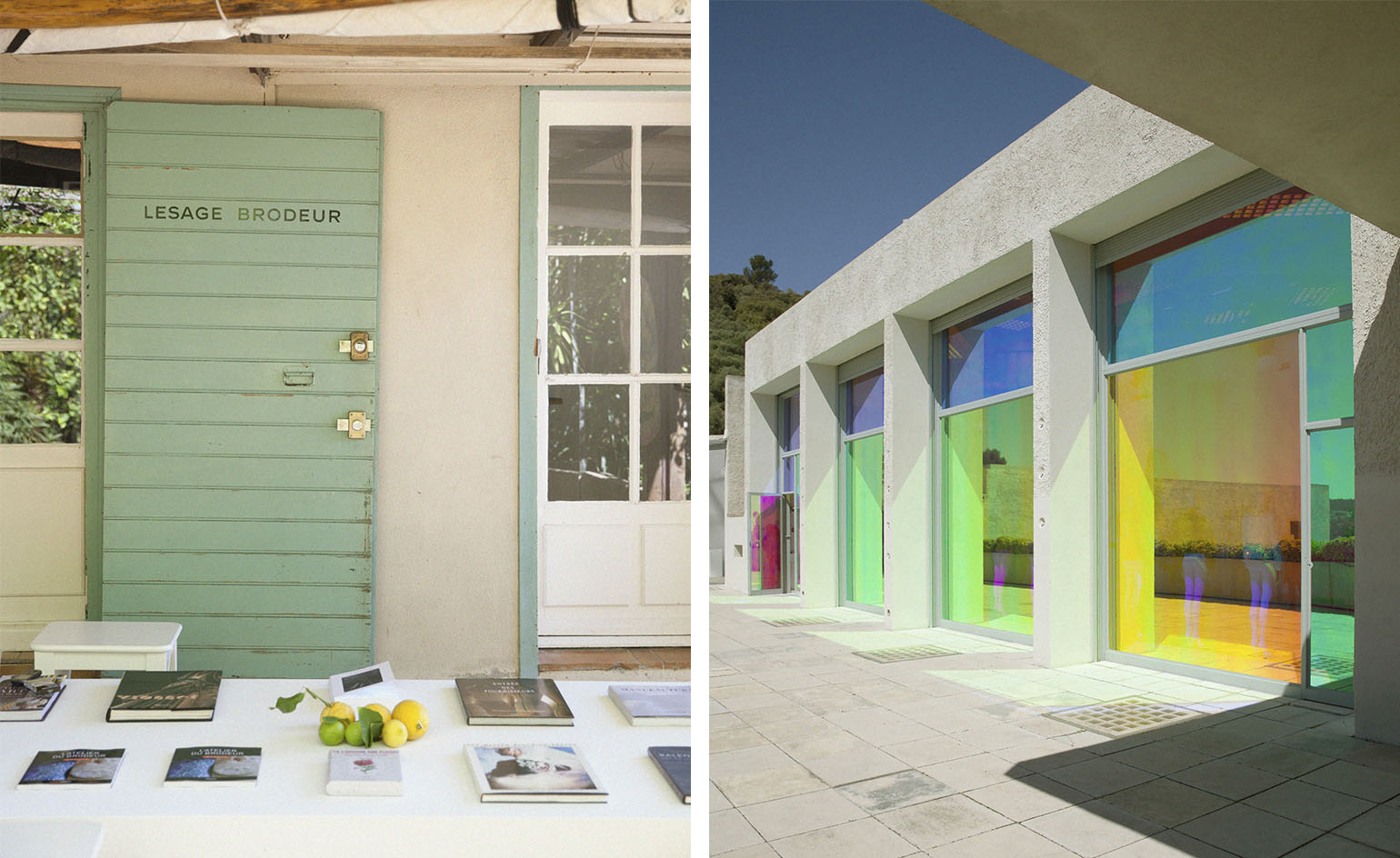Left, The entrance to one of Lesage's elegant workshops. Right, Pearlescent windows drew visitors to one of the larger exhibition spaces at Villa Noailles.