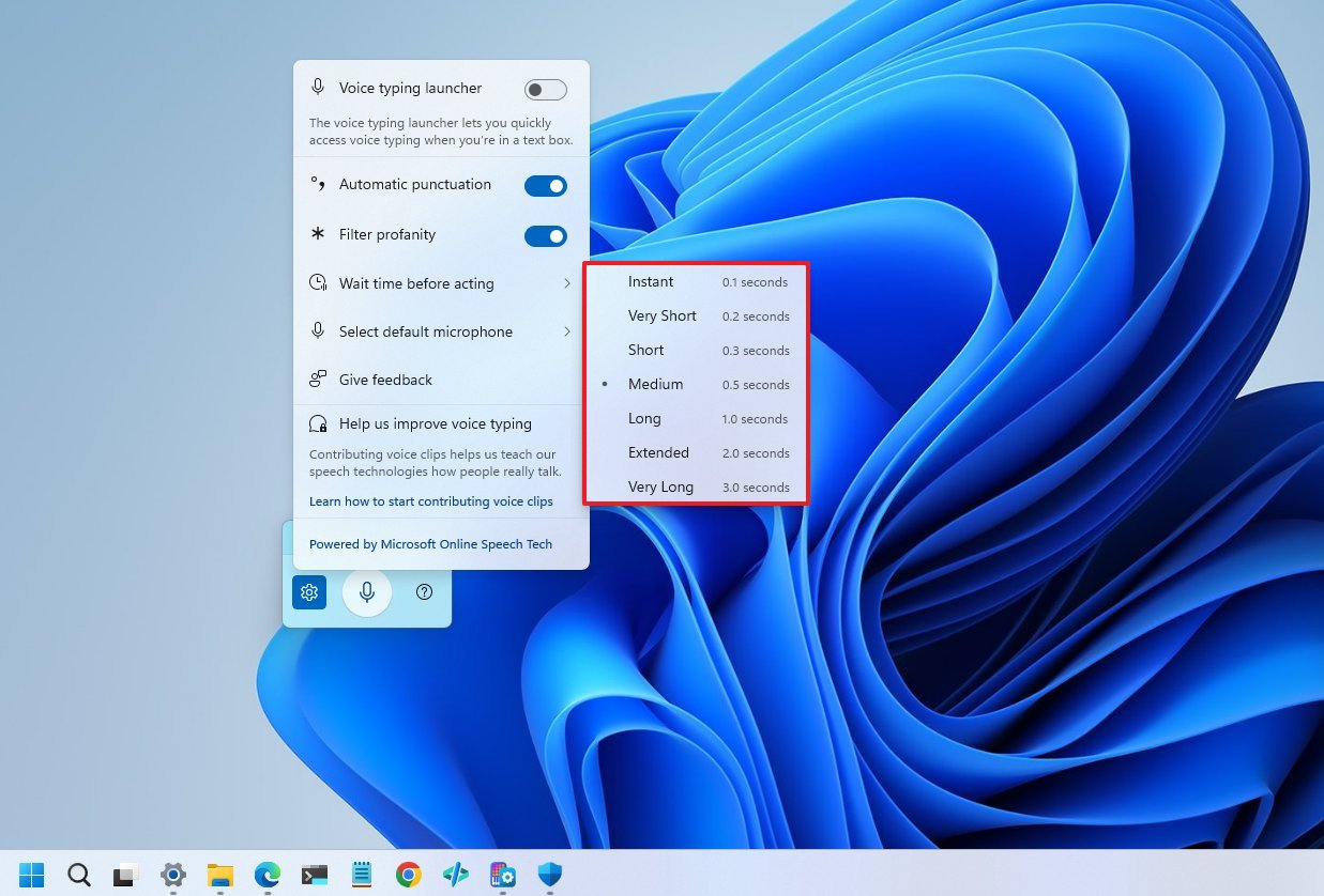 Voice Typing Wait time before acting