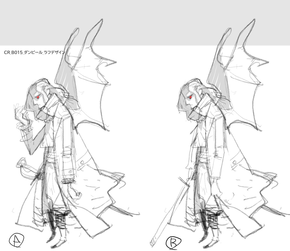 Sketches of a game character, winged wearing a trench coat