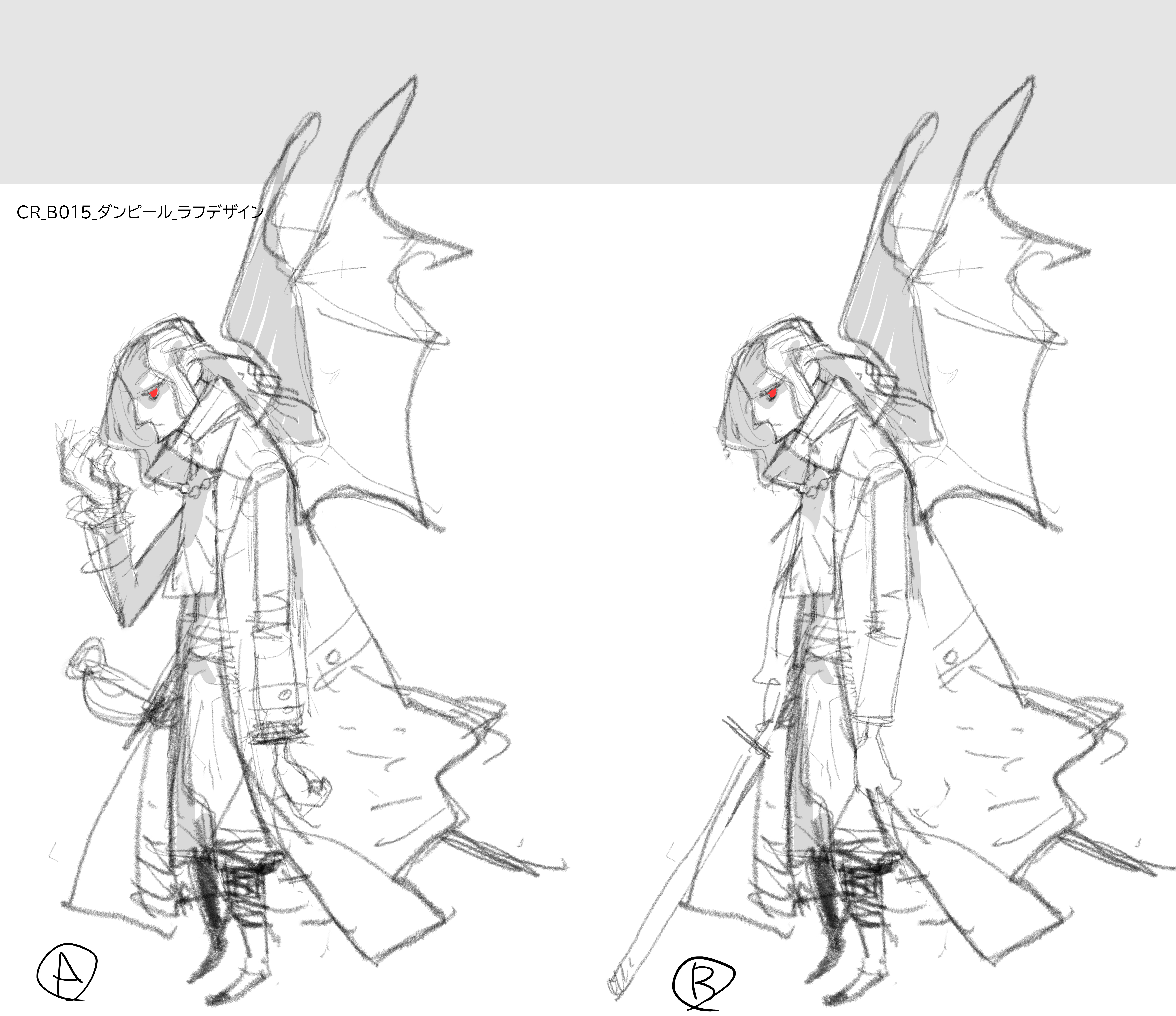 Boceto de un personaje del juego con alas y con una gabardina.