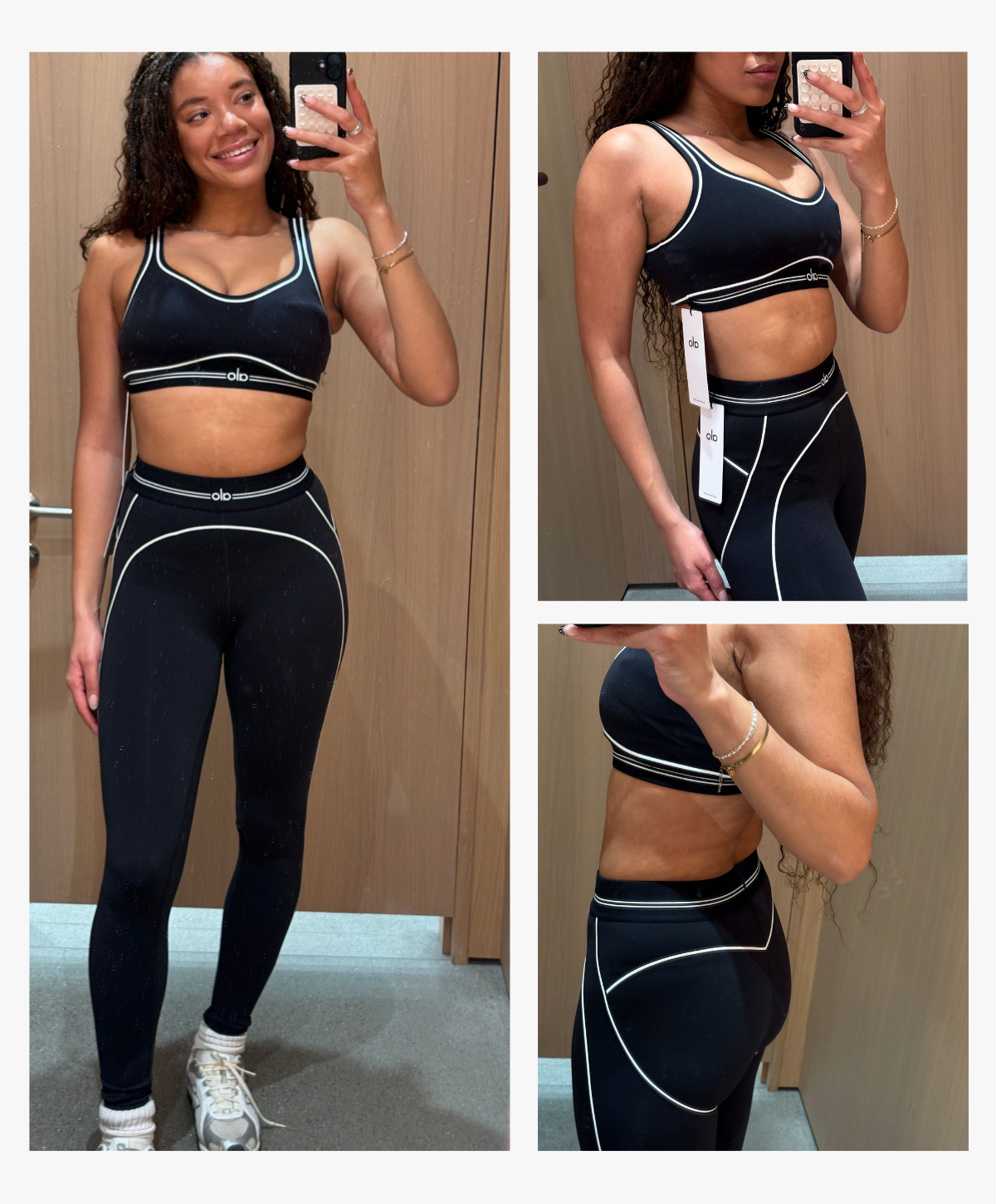 Fashion editor Imani-Nia Francis-Tsolakis does the Alo Yoga fitness try-on. She wears the Airbrush Heart Throb Set in black and white in size small.