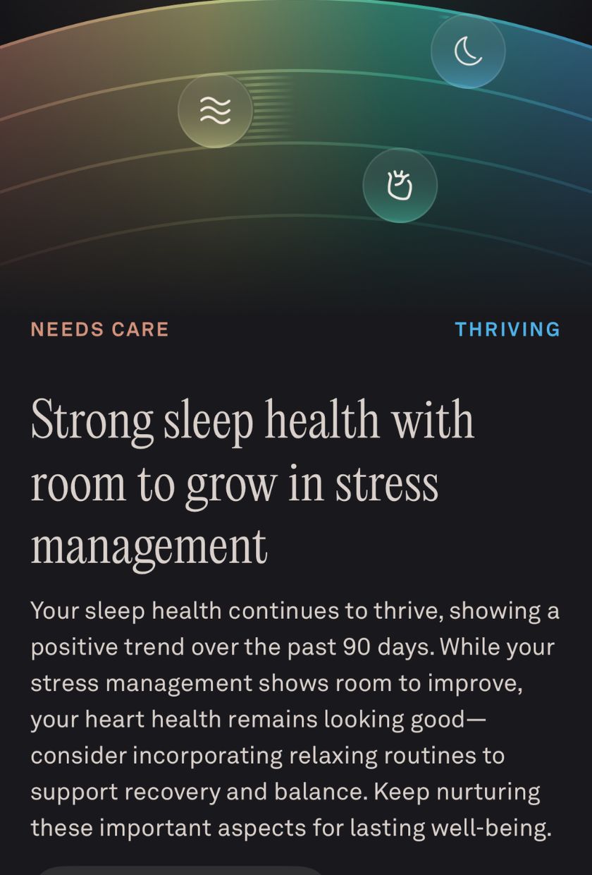 A screenshot with an overview of health, showing a sliding scale of sleep, stress and heart health, showing you what areas are thriving and what areas need care