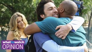 Sarah Chalke, Zach Braff and Donald Faison in Scrubs with What to Watch "Opinion" logo in bottom left corner