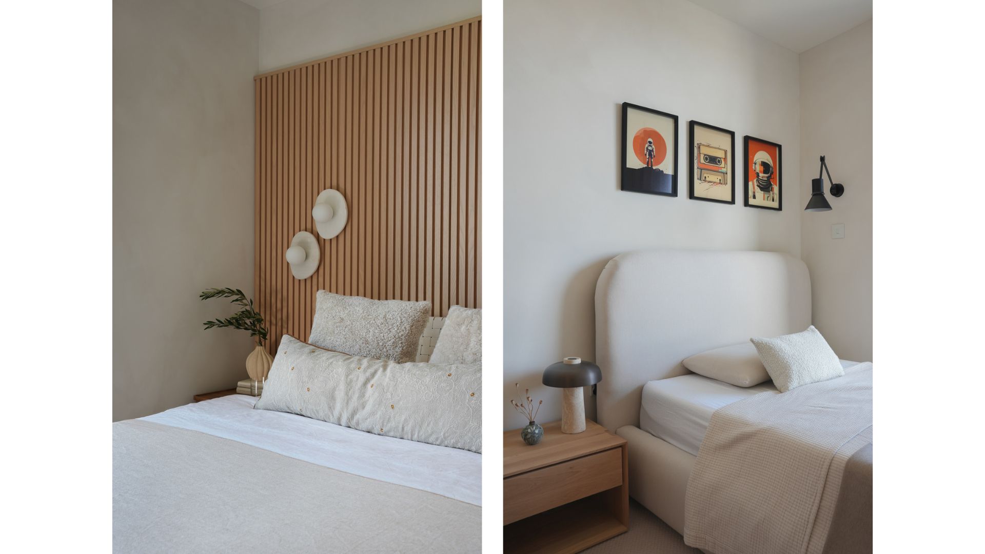 Side by side photos show a main bedroom and second 'snoring room', both following similar design language