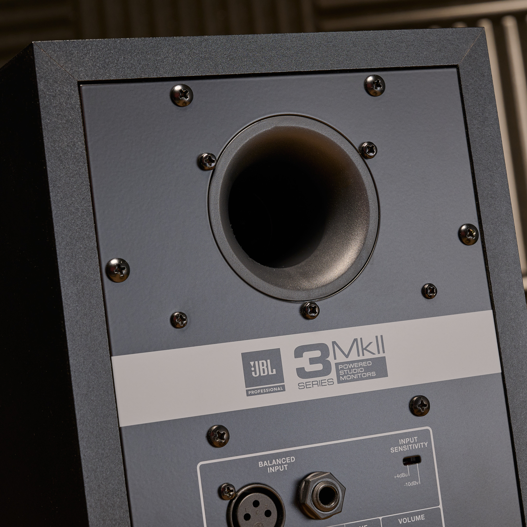 The bass reflex port on a JBL 305P MKII studio monitor