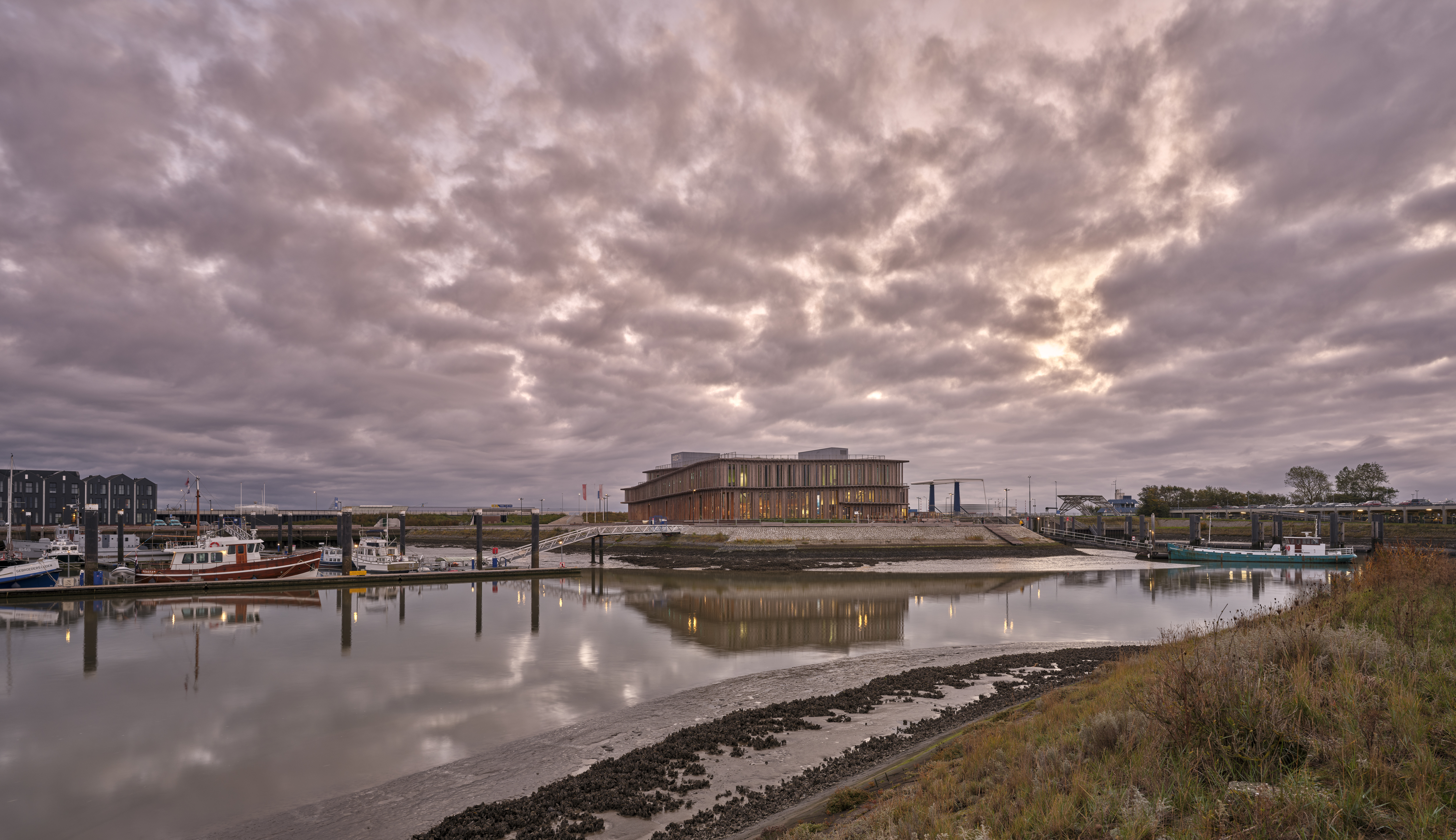 view of Wadden Sea centre in the Netherlands in cloudy sky