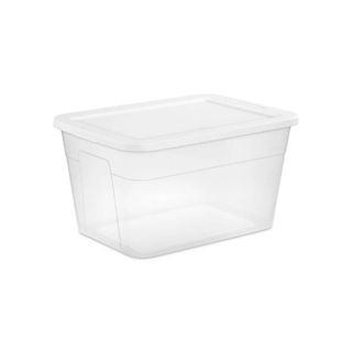 clear plastic bin with white lid