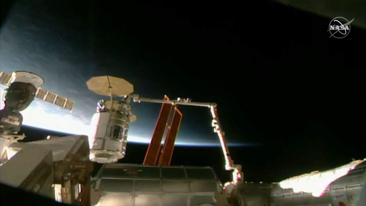 The Northrop Grumman Cygnus NG-15 cargo ship arrives at the International Space Station on Feb. 22, 2021 in this view from a camera on the station's exterior.