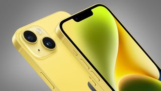 El iPhone 14 de Apple amarillo sobre fondo gris