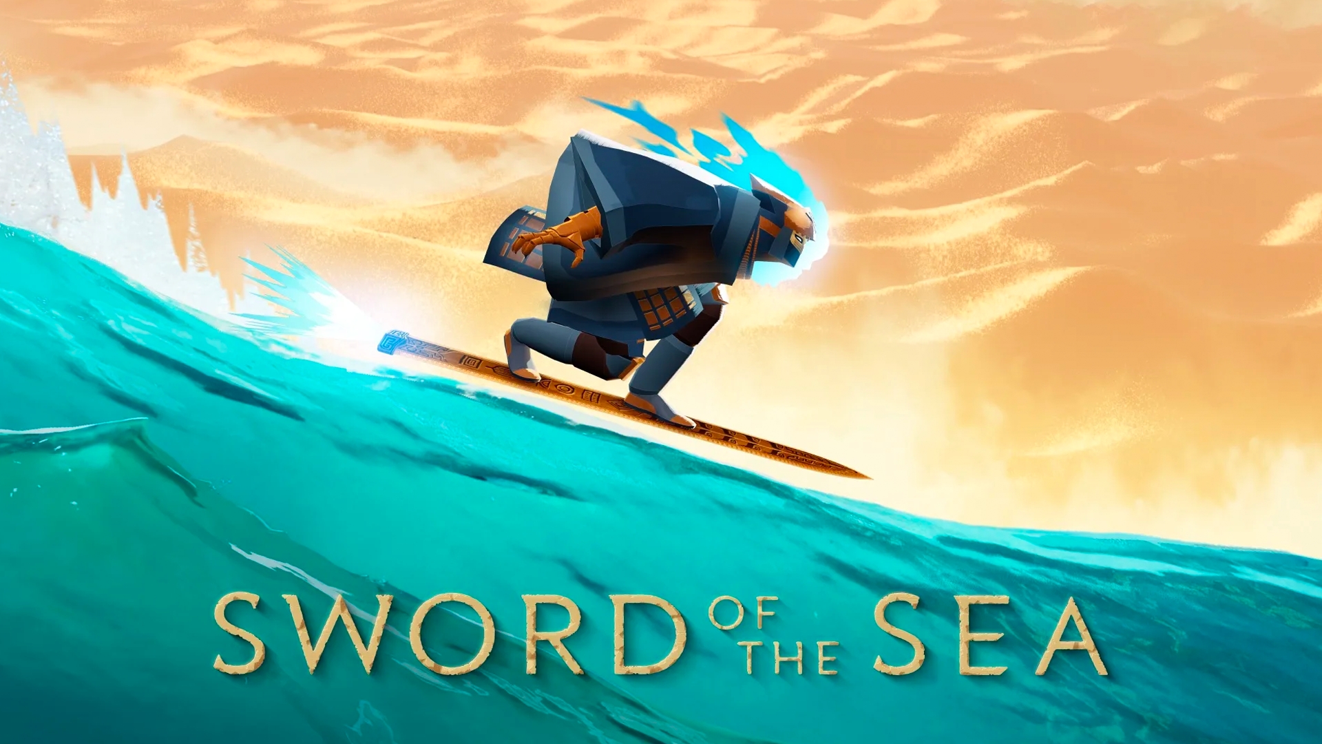 A figure surfing on a board rides a blue wave against an orange sky in a dynamic video game scene, titled "Sword of the Sea."