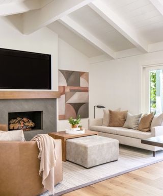 Neutral living room with gray fireplace