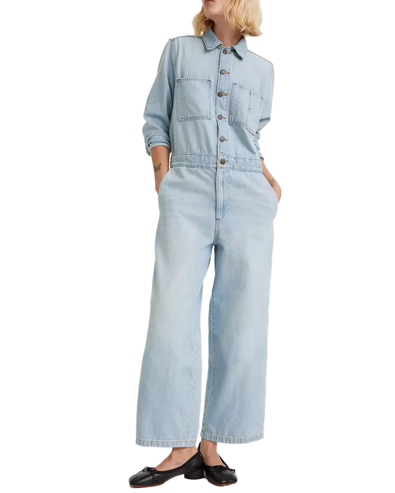 model wearing a denim boilersuit
