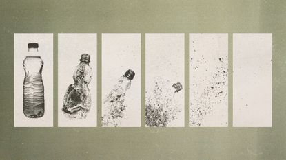 Photo collage of a plastic bottle decaying in six stages