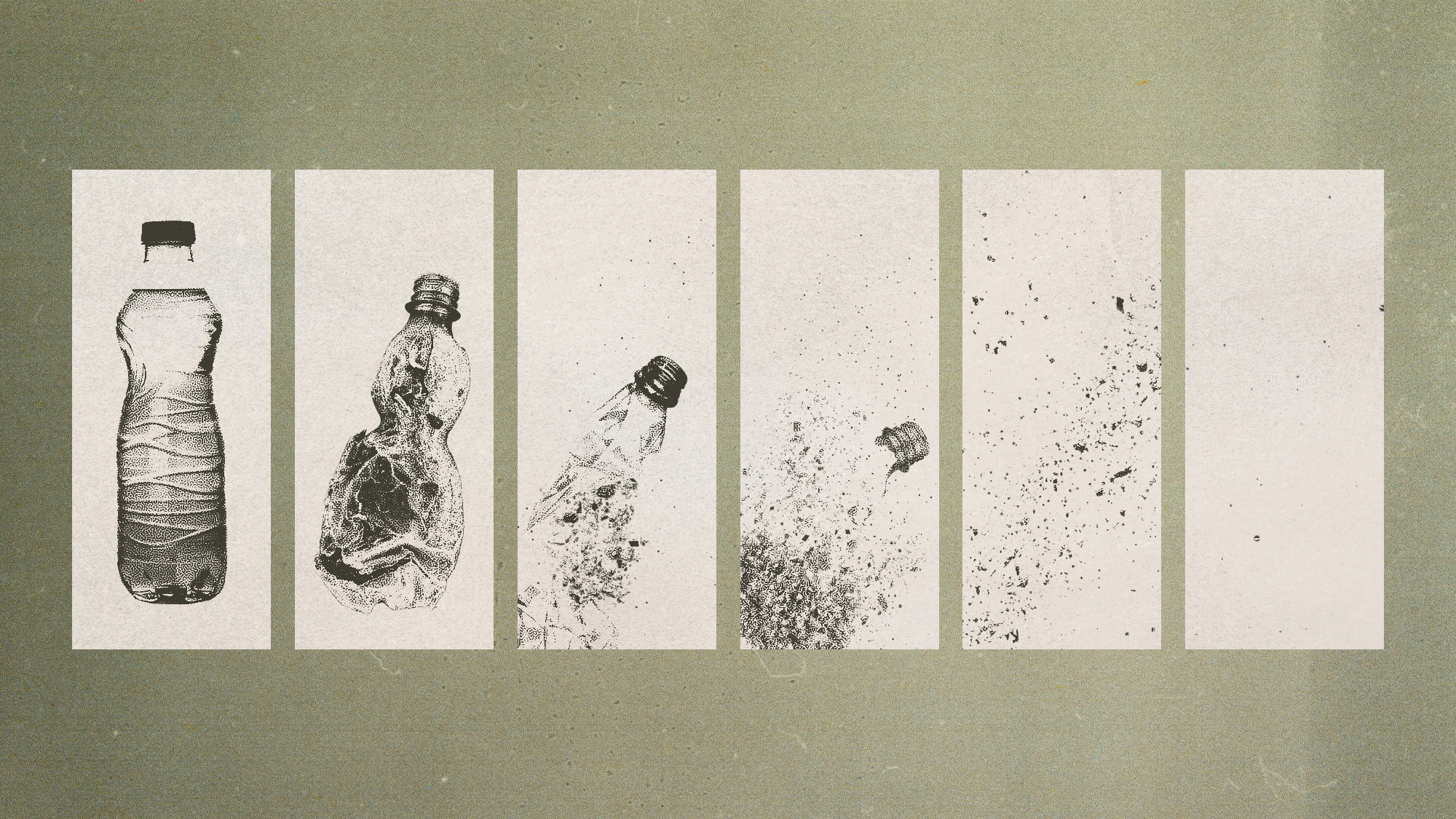 Photo collage of a plastic bottle decaying in six stages