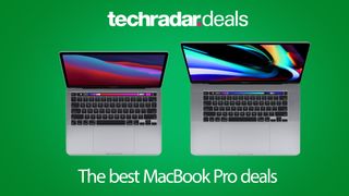 Two MacBook Pro laptops flipped open side-by-side on a green background