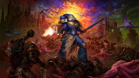Key art for the game Warhammer 40,000: Boltgun, featuring the playable Space Marine surrounded by enemies.