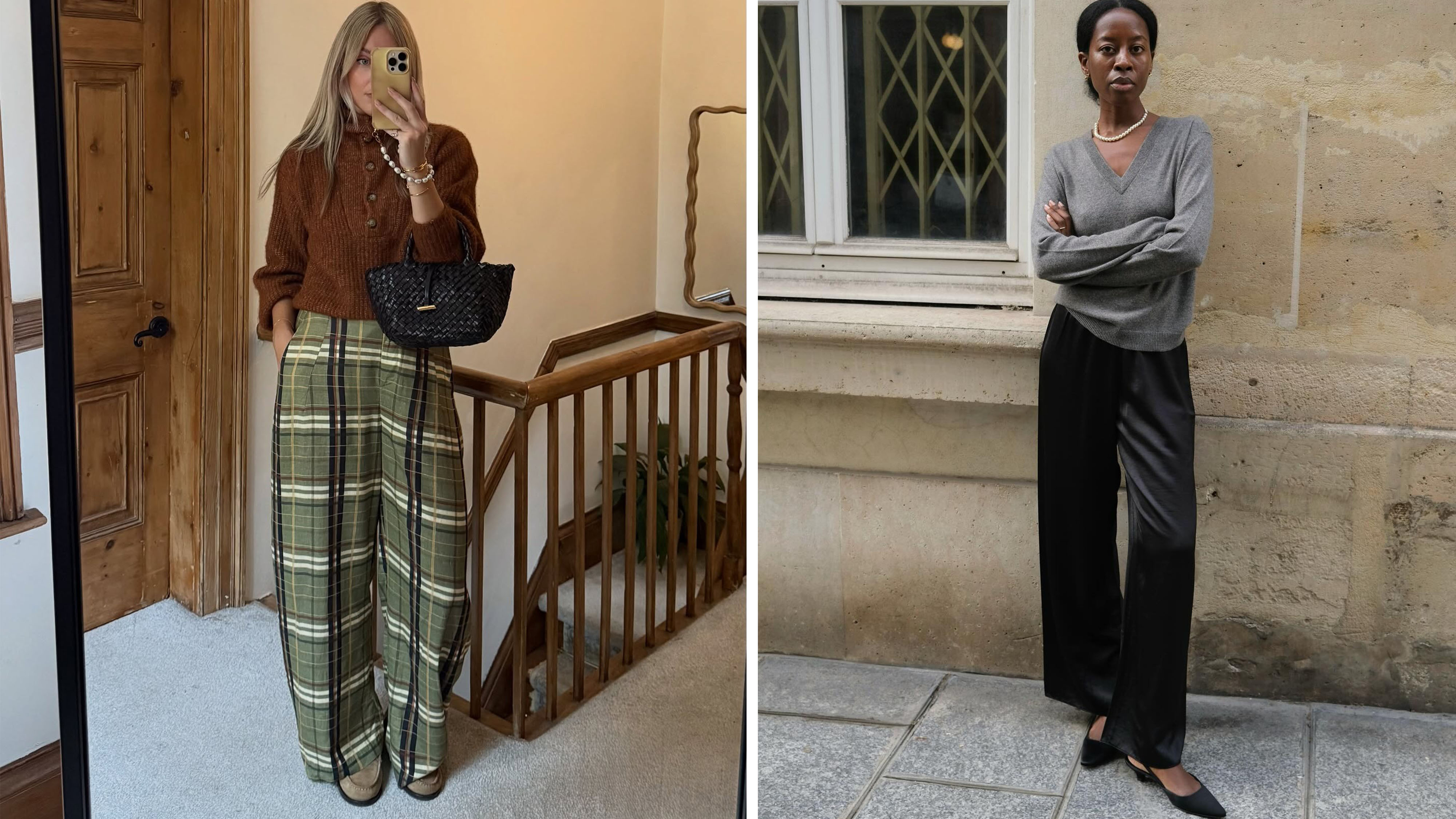 Woman in plaid pants and sweater; Woman in gray sweater and satin pants