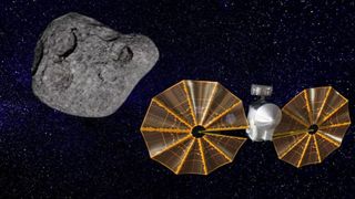 An illustration of NASA's Lucy spacecraft as it approaches the asteroid Dinkinesh.