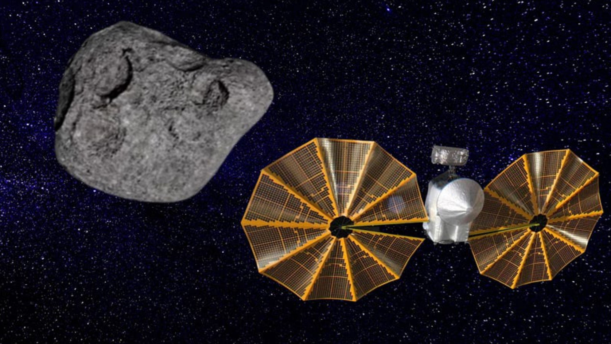 An illustration of NASA's Lucy spacecraft approaching the asteroid Dinkinesh.