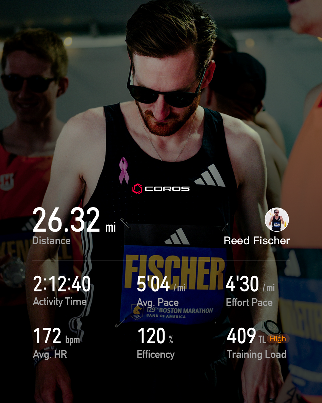 COROS exported workout results for a partnered runner at the Boston Marathon.