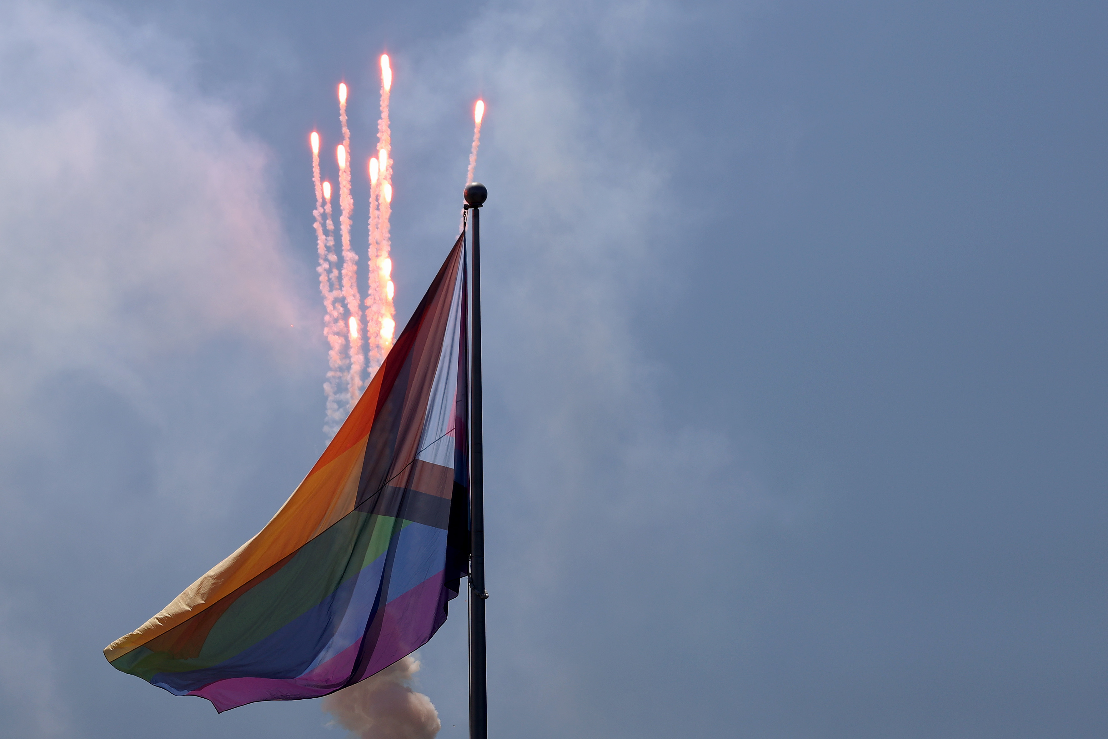 SEATTLE, WASHINGTON - JUNE 03: A LGBTQ+ Pride flag waves at Lumen Field before the game between the Seattle Sounders and the Portland Timbers on June 03, 2023 in Seattle, Washington. (Photo by Steph Chambers/Getty Images)