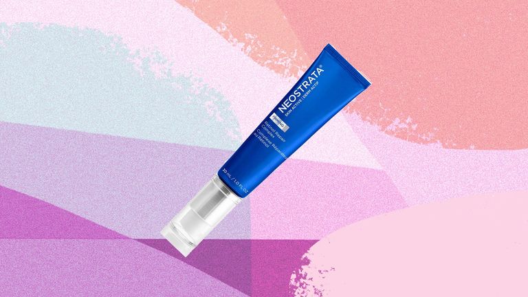 Neostrata Retinol Repair Complex pictured ontop of a graphic pink and blue gradient background