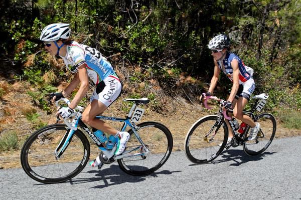 Cath Cheatly (Colavita-Baci) leads Marra Abbott (Peanut Butter &amp; Co) as they close in on the finish.