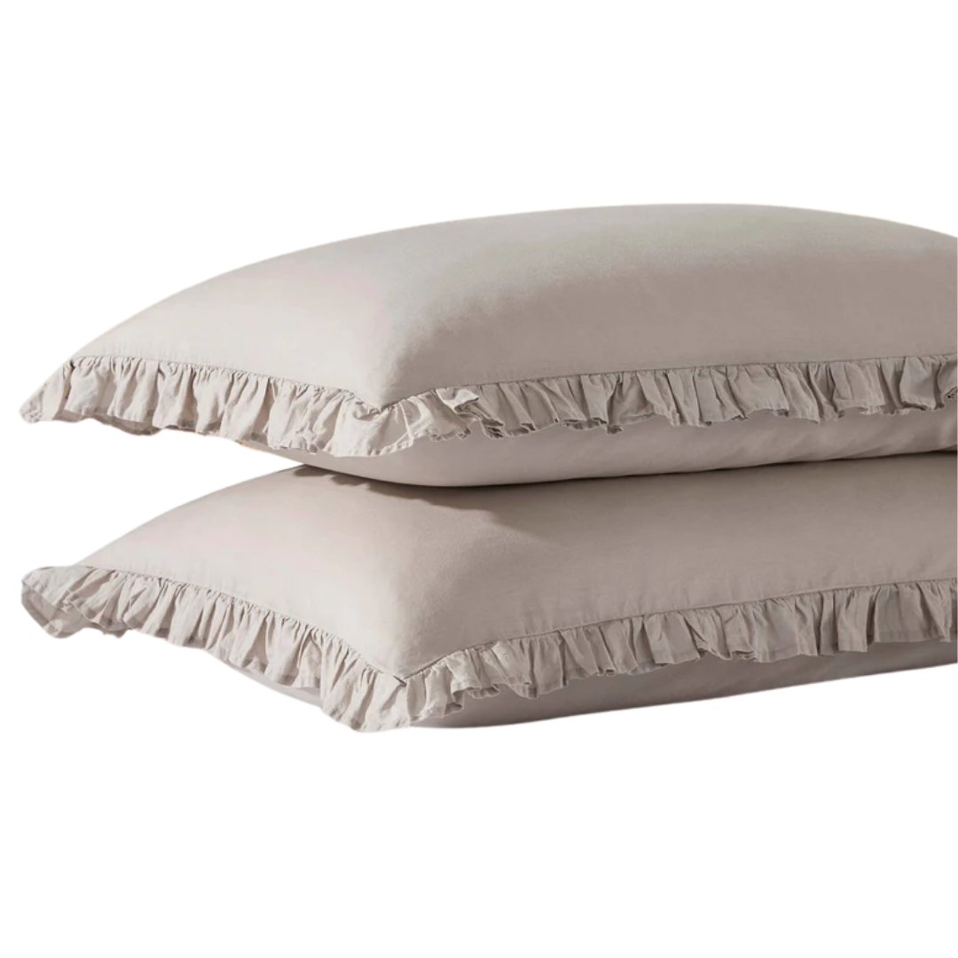 Pair of Marion Ruffle Edge Oxford Pillowcases - Washed Cotton - Sand