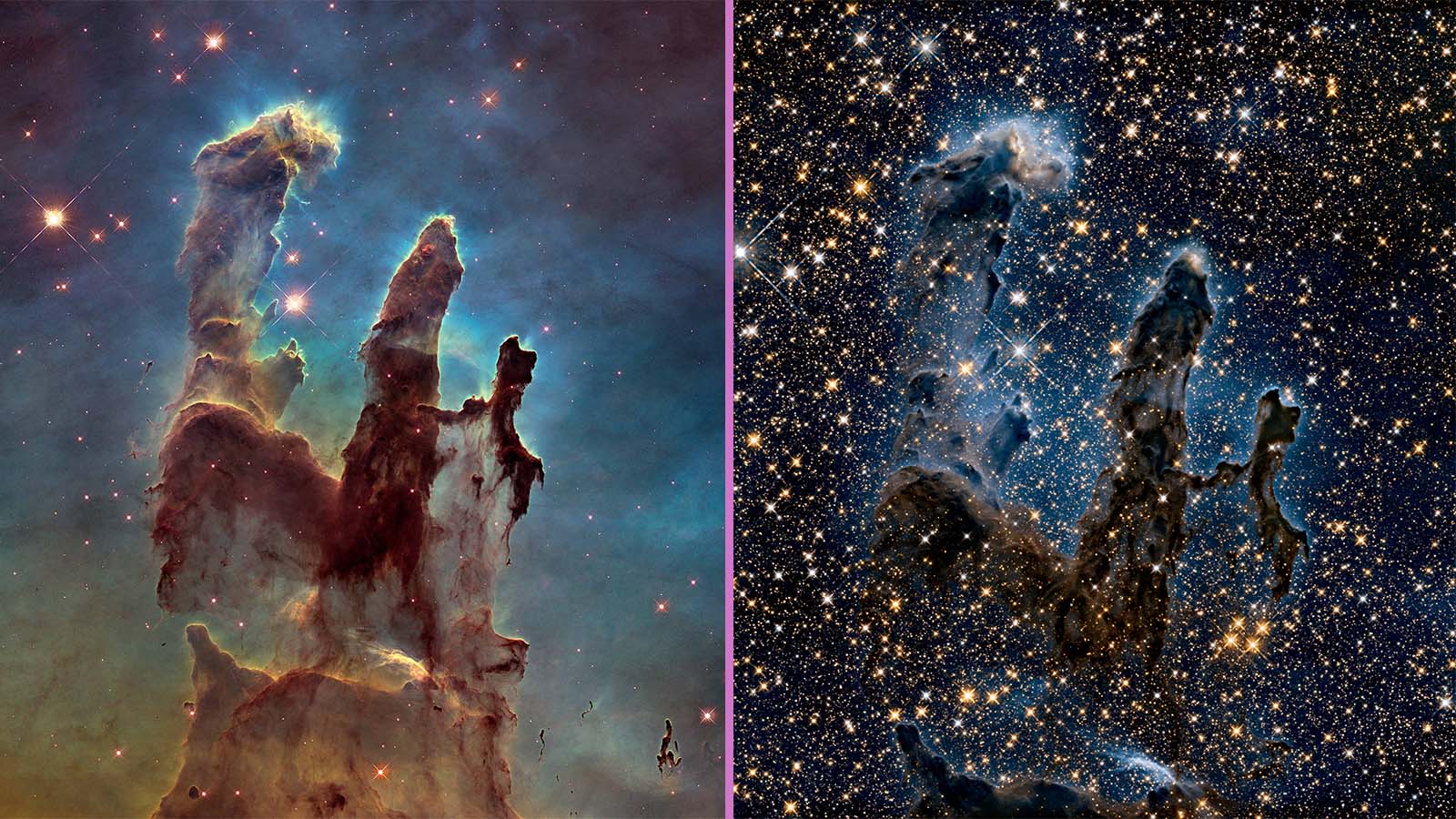 The Pillars of Creation in the Eagle nebula, as seen in visible light and near-infrared, side by side