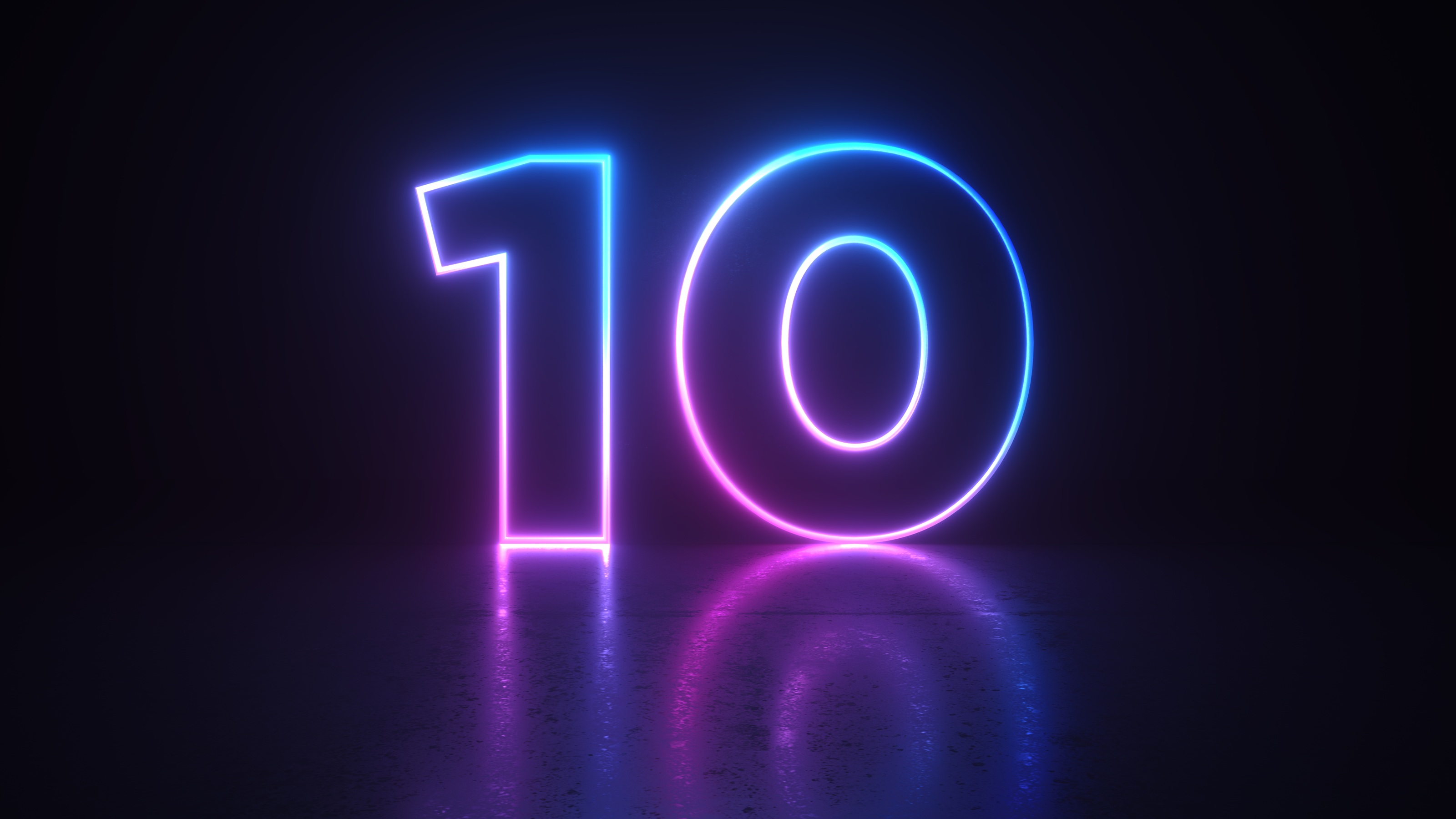 The number 10 outlined in glowing blue and pink neon against a black background.
