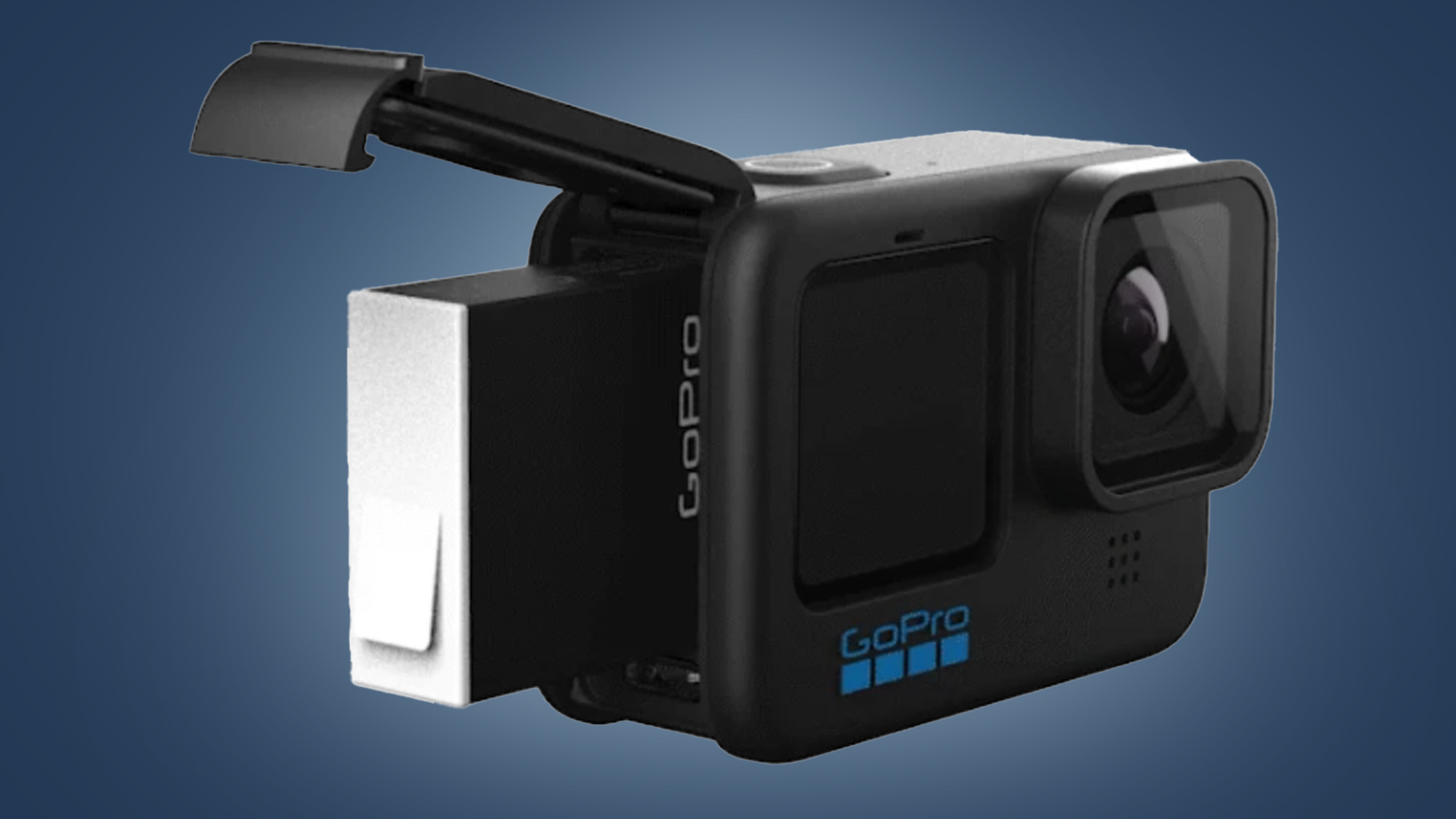 GoPro Enduro-batteriet stikker ut av et actionkamera fra GoPro.