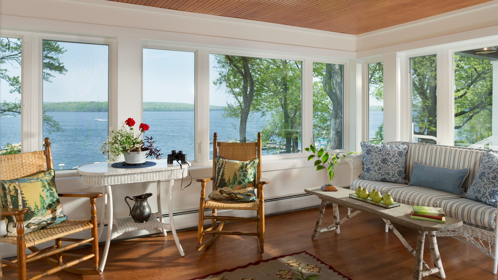 Rustic style Sun porch Lake Wallenpaupack, Silver Birches Resort, Hawley, Poconos Region, Pennsylvania, USA.
