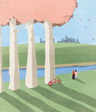 An illustration depicting a couple standing cuddled up on a green field by the stream, standing by a tree where their bicycle is rested on