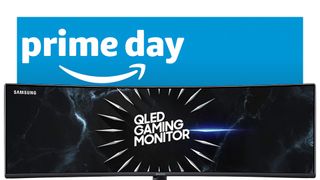 Samsung CRG9 gaming monitor on a blue background with Amazon Prime Day logo