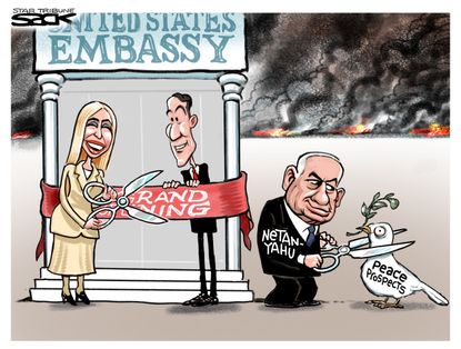 Political cartoon U.S. Jerusalem embassy Israel Palestine peace process Jared Kushner Ivanka Trump Netanyahu