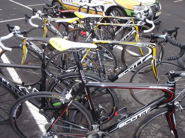 Clean as a whistle: the mechanics were hard at work getting the bikes ready.