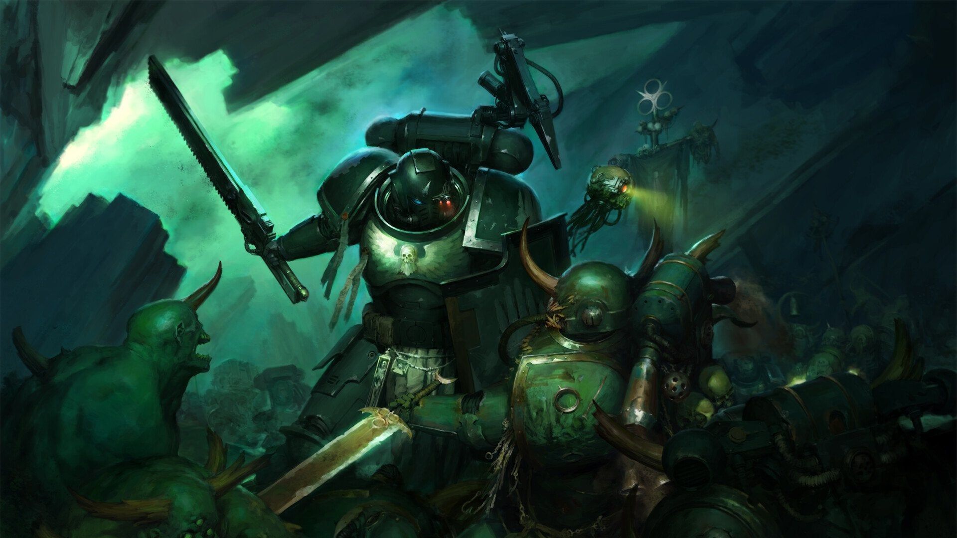 An Iron Hand marine duels a member of the Death Guard 