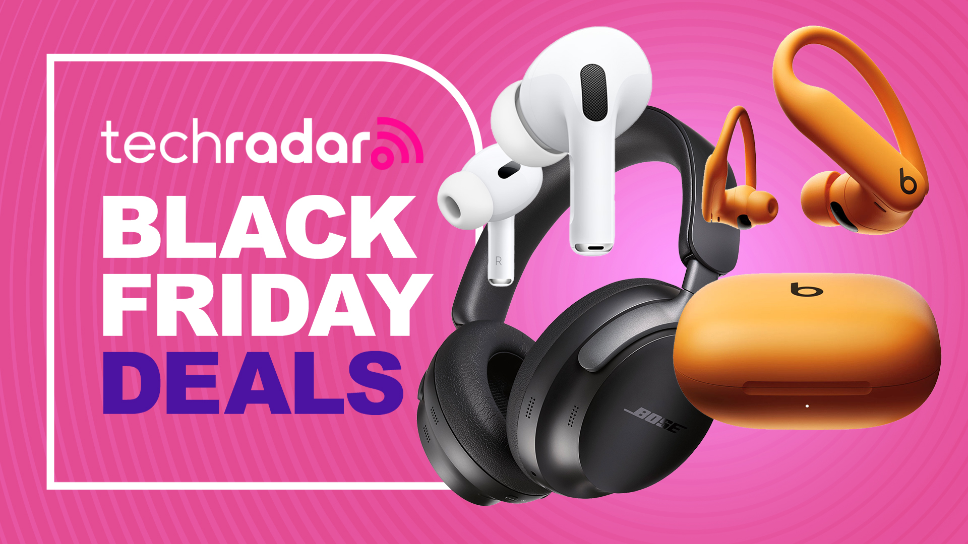 Apple AirPods, Beats earbuds and Bose headphones with a sign saying Black Friday deals