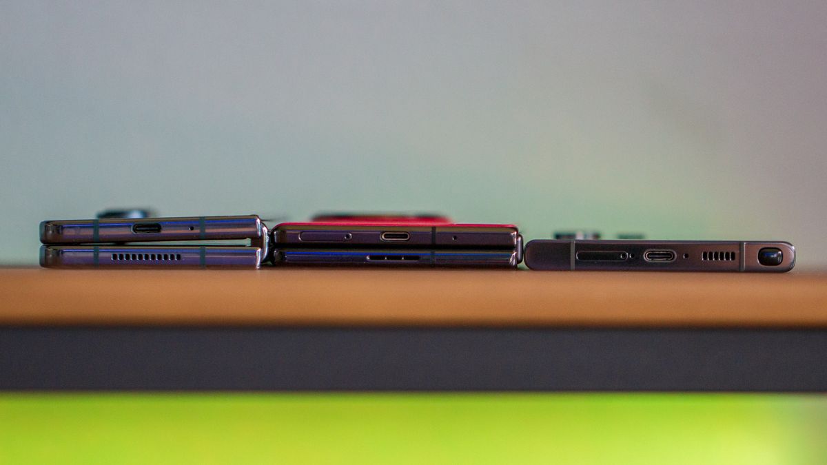 Vivo X Fold 2 side-by-side with Galaxy Z Fold 4 and Galaxy S23 Ultra