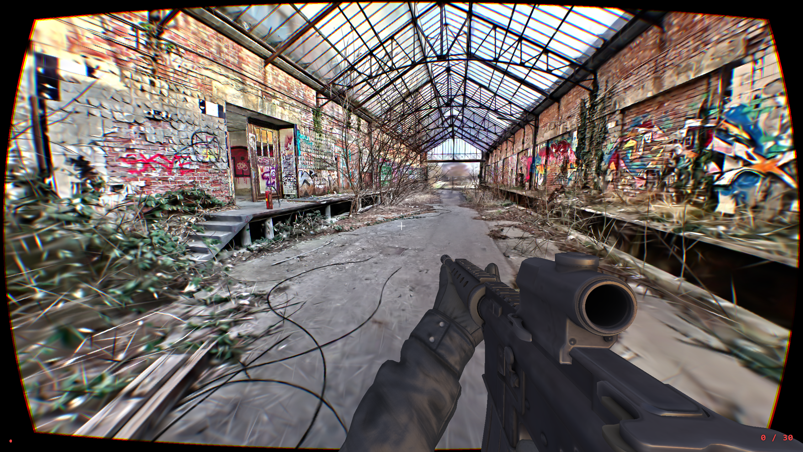 Screenshots of a small FPS project using 'gaussian splatting' to render its photorealistic environment.