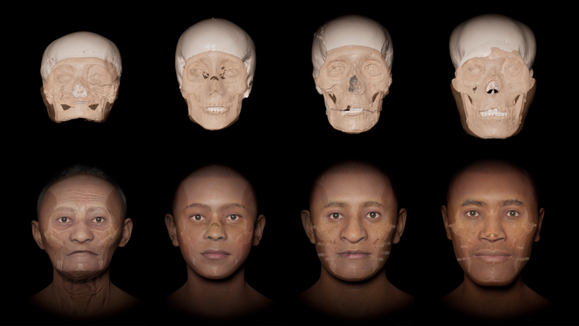 Top row show CT scans of skulls with a death mask and the bottom row shows the facial reconstruction.