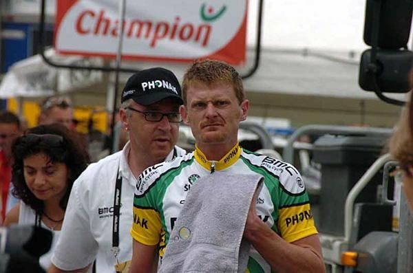 Floyd Landis (Phonak) post-stage, waiting for confirmation of yellow