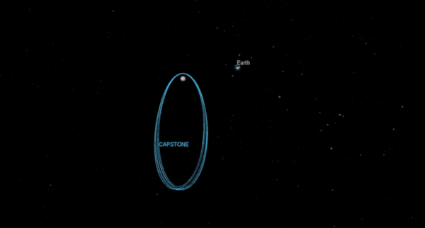 An animated graphic depicting the unique orbit of the CAPSTONE cubesat around the moon.