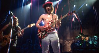 Eddie Van Halen plays his custom Frankenstrat guitar at Cobo Arena during Van Halen's "Fair Warning Tour" on July 4, 1981, in Detroit, Michigan