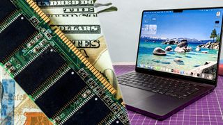 Split image of RAM stick on US Dollars (left) and MacBook Pro on table (right)