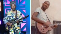 Vernon Reid [left] wears a brightly patterned suit and plays his signature Reverend onstage; [right] a still of the late great Arthur Rhames performing.