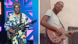 Vernon Reid [left] wears a brightly patterned suit and plays his signature Reverend onstage; [right] a still of the late great Arthur Rhames performing.